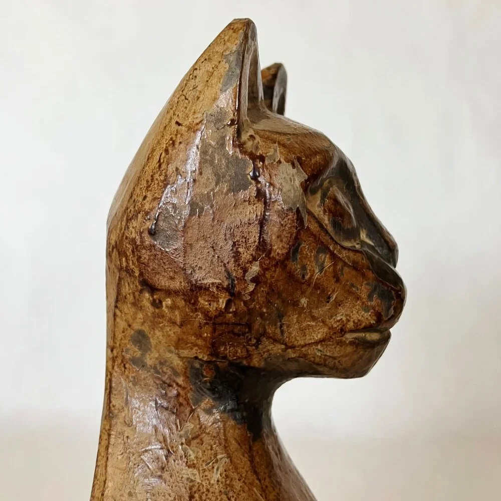 Wooden Kitty Cat Statue Figurine Brown Carved Wood Sitting Animal Sculpture Cute